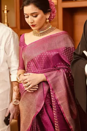 Purple silk blend banarasi saree with unstitched blouse piece