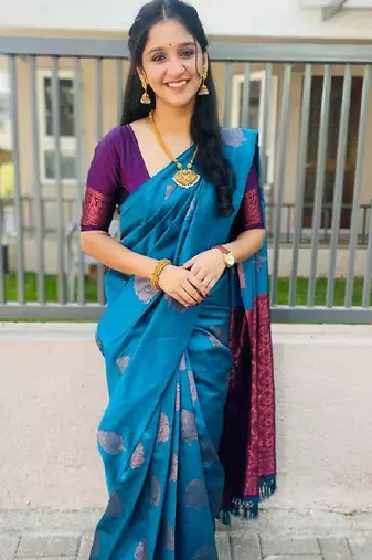 Rama purple soft silk blend banarasi jacuard work designer party wear saree with unstitched blouse piece