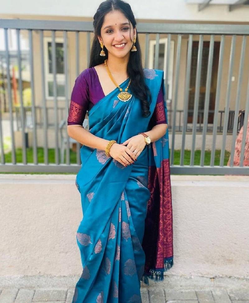 Rama purple soft silk blend banarasi jacuard work designer party wear saree with unstitched blouse piece