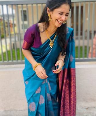 Rama purple silk blend banarasi saree with unstitched blouse piece 2