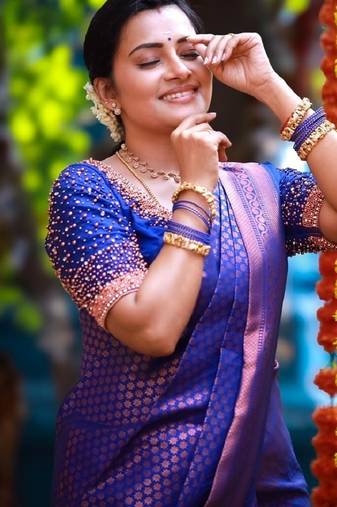 Royal blue soft silk blend banarasi jacuard work designer party wear saree with unstitched blouse piece