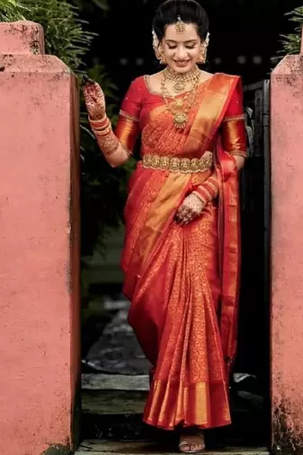 Red soft silk blend banarasi jacuard work designer party wear saree with unstitched blouse piece