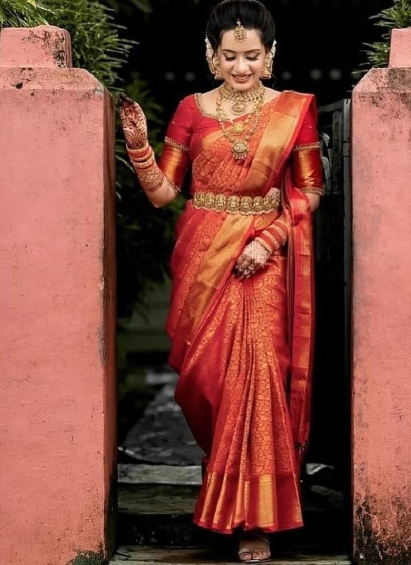 Red soft silk blend banarasi jacuard work designer party wear saree with unstitched blouse piece