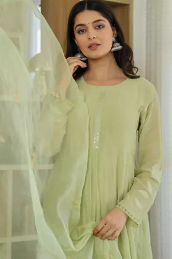 Women's chanderi silk sequin embroidered olive green kurta pant set with chanderi dupatta