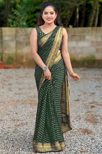 Green silk blend banarasi saree with unstitched blouse piece