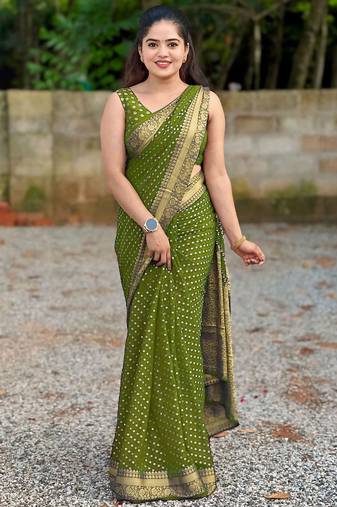 Mehendi soft silk blend banarasi jacuard work designer party wear saree with unstitched blouse piece