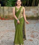 Mehendi soft silk blend banarasi jacuard work designer party wear saree with unstitched blouse piece