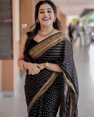 Black silk blend banarasi saree with unstitched blouse piece 1
