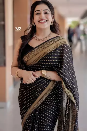 Black soft silk blend banarasi jacuard work designer party wear saree with unstitched blouse piece