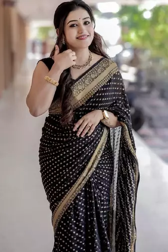 Black silk blend banarasi saree with unstitched blouse piece