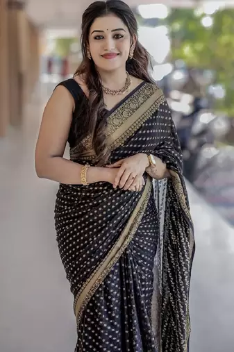Black silk blend banarasi saree with unstitched blouse piece