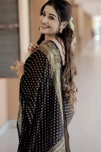 Black silk blend banarasi saree with unstitched blouse piece