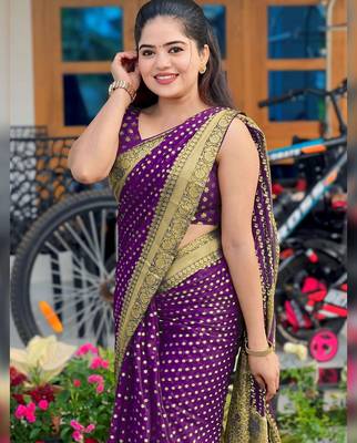 Purple silk blend banarasi saree with unstitched blouse piece 2