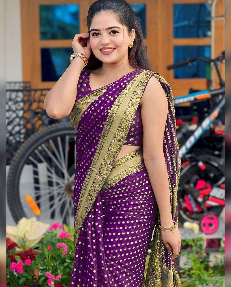 Purple soft silk blend banarasi jacuard work designer party wear saree with unstitched blouse piece