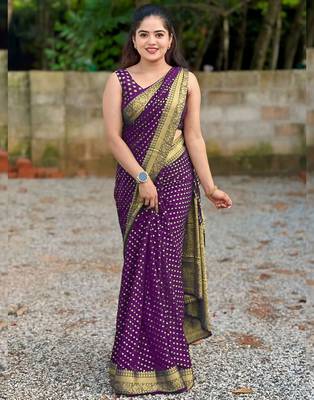 Purple silk blend banarasi saree with unstitched blouse piece 1