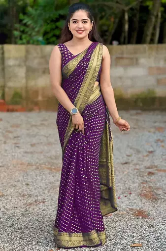 Purple silk blend banarasi saree with unstitched blouse piece