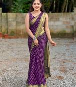 Purple silk blend banarasi saree with unstitched blouse piece