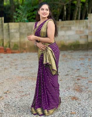 Purple silk blend banarasi saree with unstitched blouse piece 3