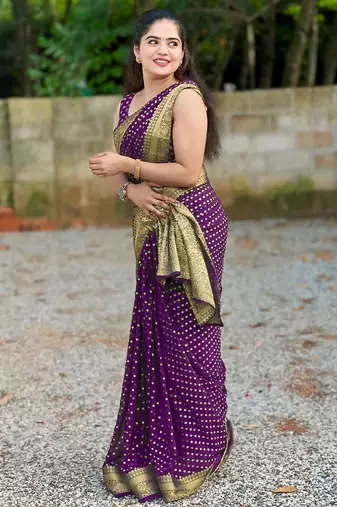 Purple silk blend banarasi saree with unstitched blouse piece