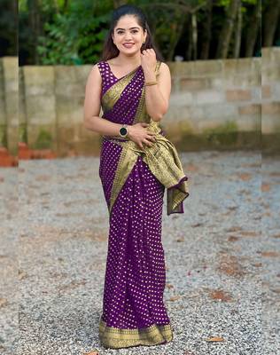 Purple silk blend banarasi saree with unstitched blouse piece 4