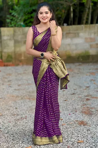 Purple silk blend banarasi saree with unstitched blouse piece
