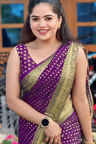 Purple silk blend banarasi saree with unstitched blouse piece
