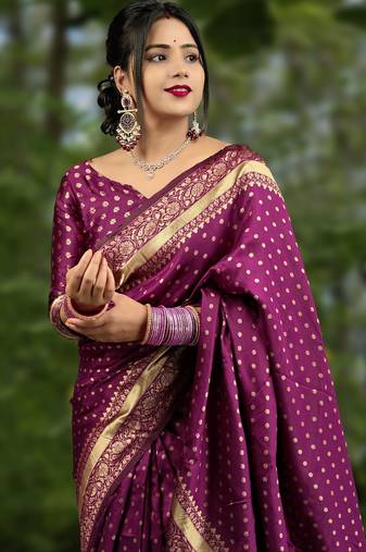 Wine soft silk blend banarasi jacuard work designer party wear saree with unstitched blouse piece