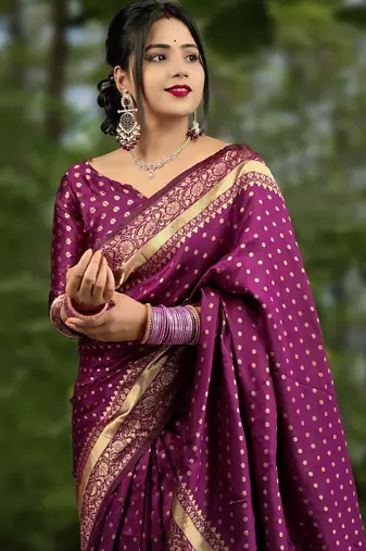 Wine soft silk blend banarasi jacuard work designer party wear saree with unstitched blouse piece