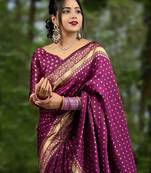 Wine soft silk blend banarasi jacuard work designer party wear saree with unstitched blouse piece
