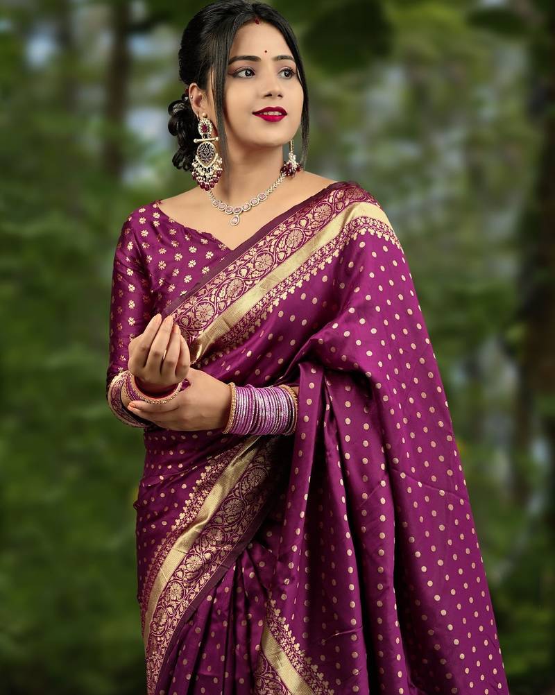 Wine soft silk blend banarasi jacuard work designer party wear saree with unstitched blouse piece
