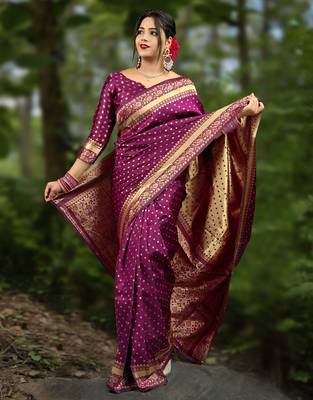 Wine silk blend banarasi saree with unstitched blouse piece 2