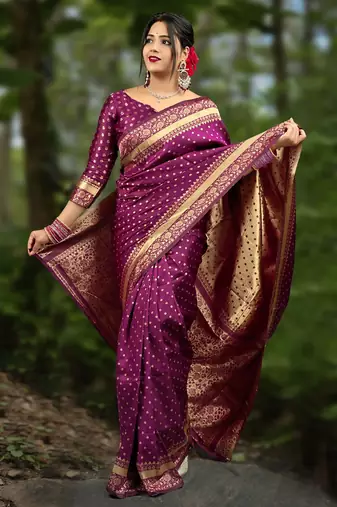Wine silk blend banarasi saree with unstitched blouse piece