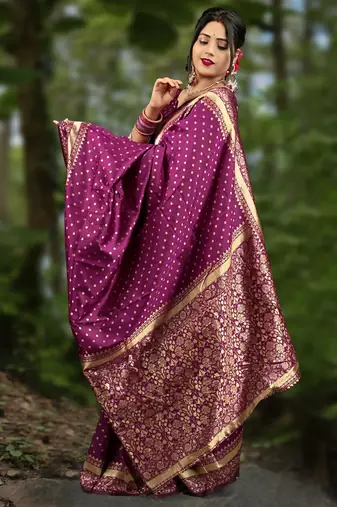 Wine silk blend banarasi saree with unstitched blouse piece