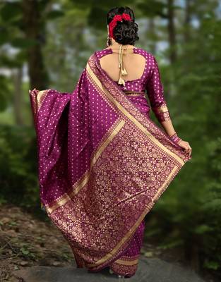 Wine silk blend banarasi saree with unstitched blouse piece 4