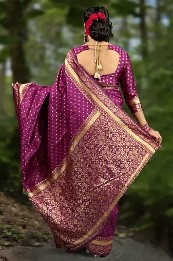 Wine silk blend banarasi saree with unstitched blouse piece