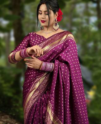 Wine silk blend banarasi saree with unstitched blouse piece 5