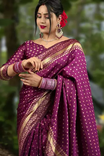 Wine silk blend banarasi saree with unstitched blouse piece