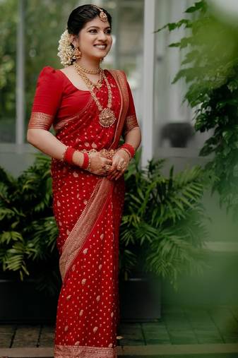 Red soft silk blend banarasi jacuard work designer party wear saree with unstitched blouse piece