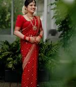 Red soft silk blend banarasi jacuard work designer party wear saree with unstitched blouse piece