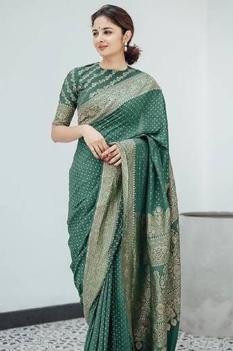 Green soft silk blend banarasi jacuard work designer party wear saree with unstitched blouse piece