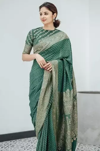 Green soft silk blend banarasi jacuard work designer party wear saree with unstitched blouse piece