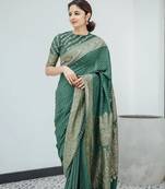 Green soft silk blend banarasi jacuard work designer party wear saree with unstitched blouse piece