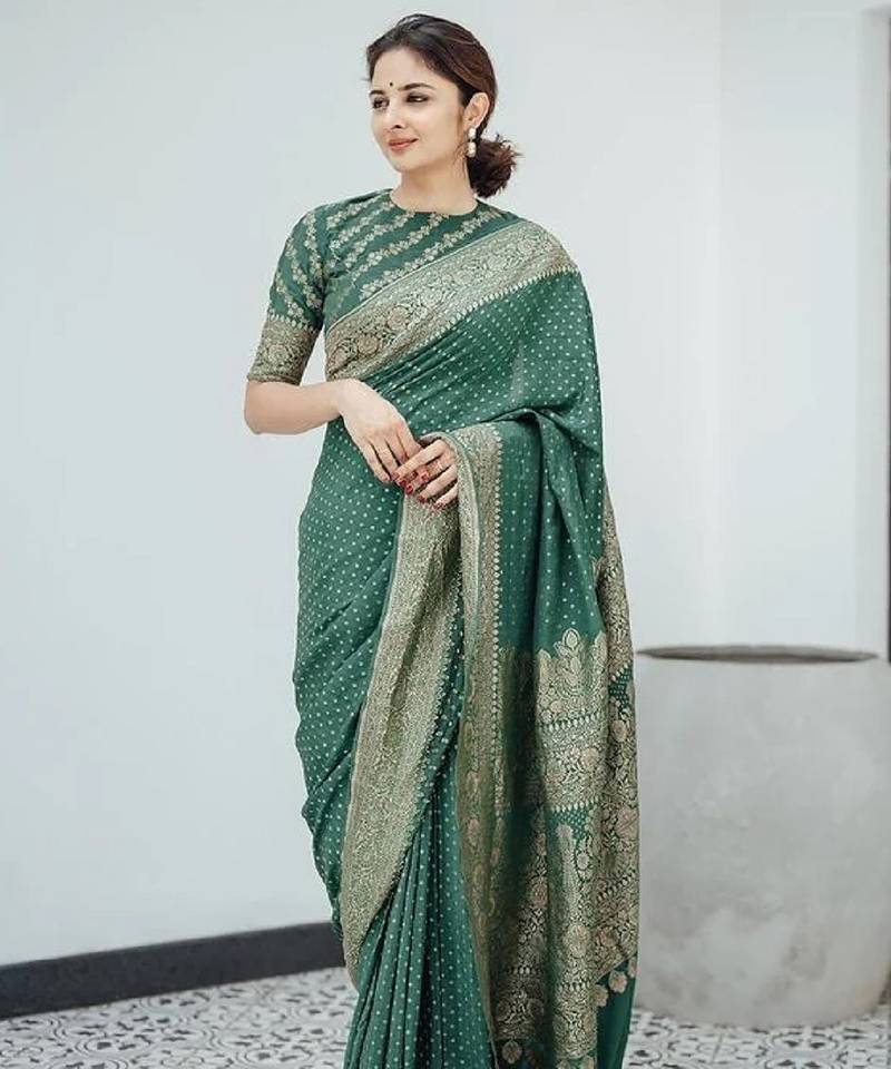 Green soft silk blend banarasi jacuard work designer party wear saree with unstitched blouse piece