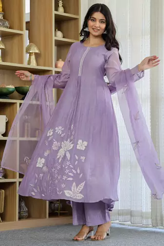 Women's chanderi silk sequin embroidered purple kurta pant set with chanderi dupatta