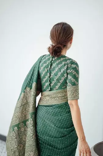 Green silk blend banarasi saree with unstitched blouse piece