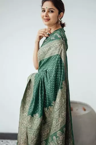 Green silk blend banarasi saree with unstitched blouse piece