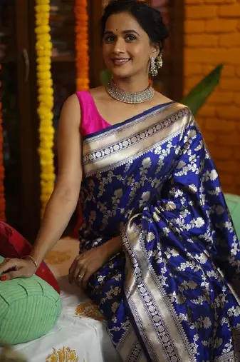 Blue soft silk blend banarasi jacuard work designer party wear saree with unstitched blouse piece