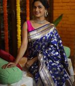 Blue soft silk blend banarasi jacuard work designer party wear saree with unstitched blouse piece
