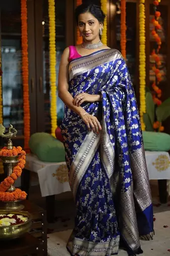 Blue silk blend banarasi saree with unstitched blouse piece
