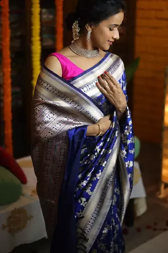 Blue silk blend banarasi saree with unstitched blouse piece